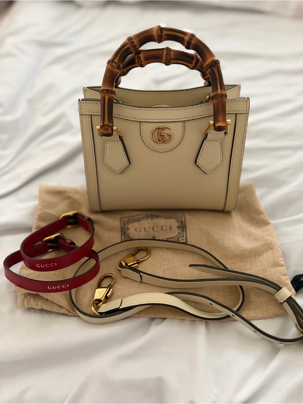 Gucci Cream Leather Satchel with Bamboo Handles and Red Strap